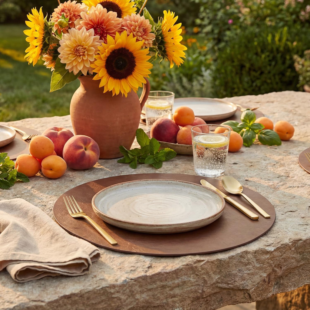 Brown Faux Leather Placemats Set of 8, 15 Inch Waterproof Wipeable Heat Resistant Vinyl Place Mats, Reversible Table