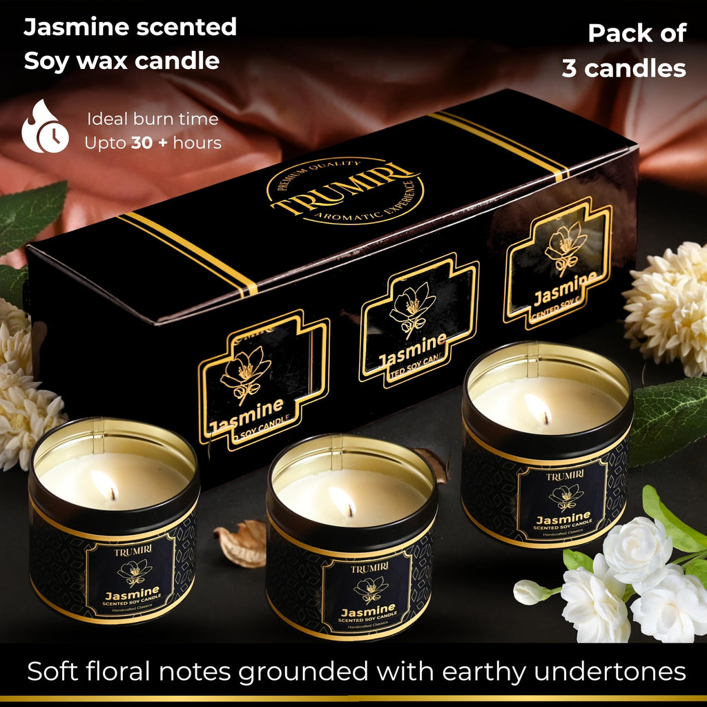 Jasmine Strong Scented Soy Candel Clean Non Toxic Velas Aromáticas for Women Gift for Diwali Pack of 3 5Oz