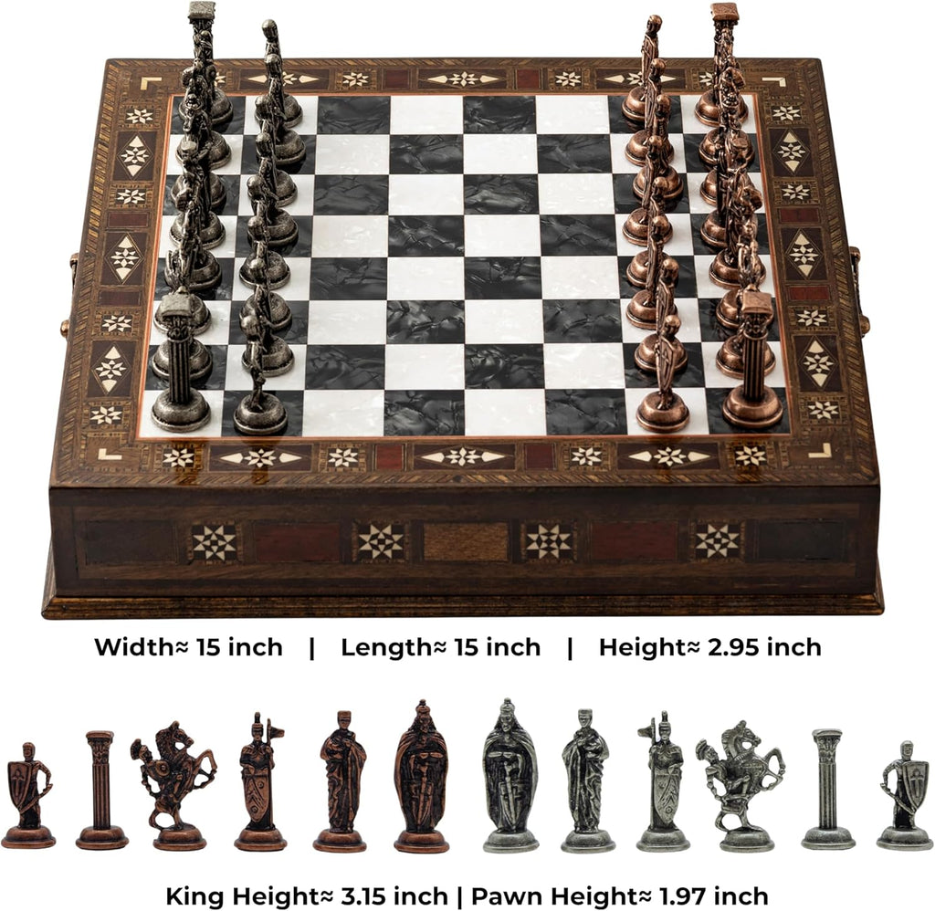 15-Inch Handmade Wooden Chess Set, Metal Pieces & Storage, Black