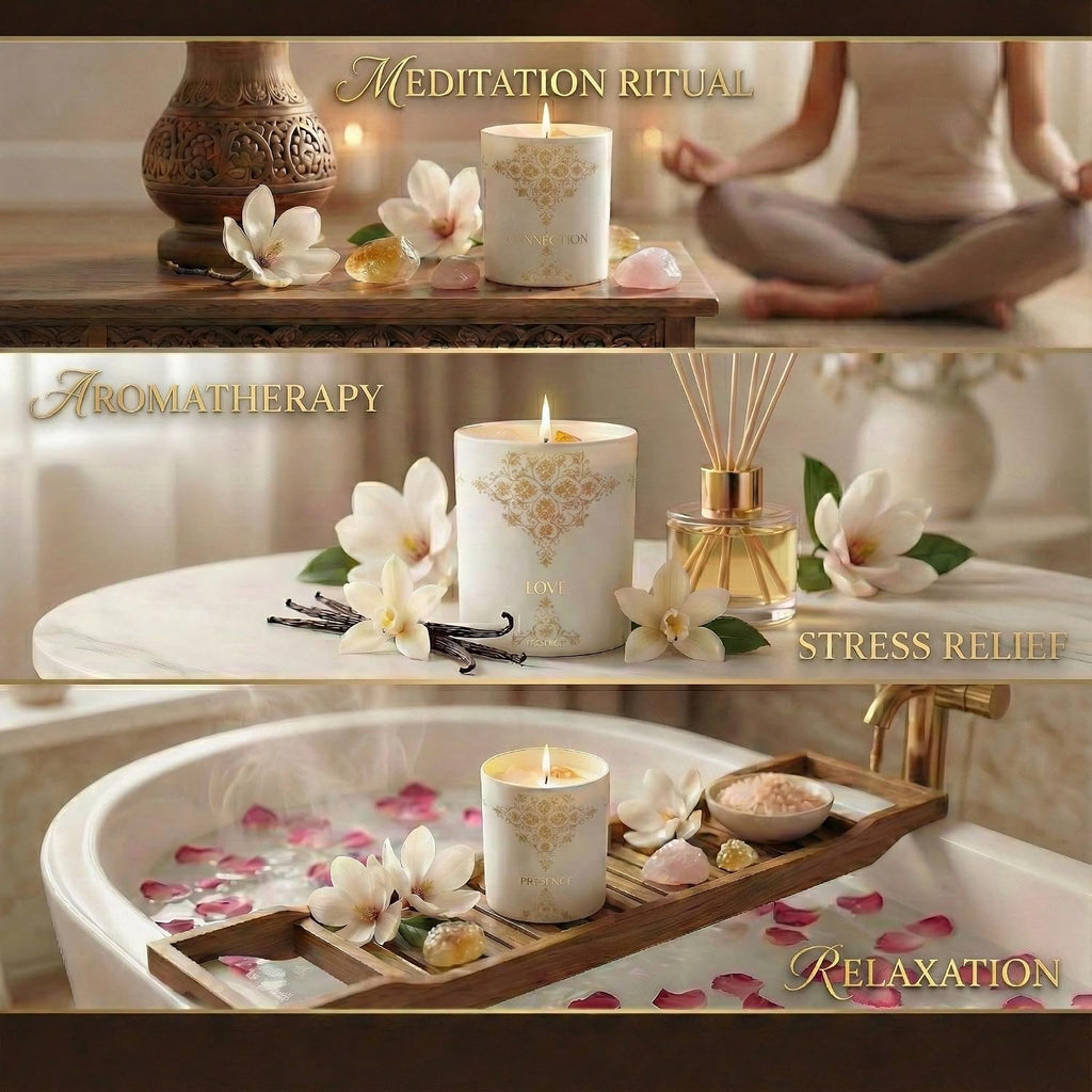 Healing Crystal Candle Gift for Women - Vanilla Cashmere Luxury Soy Candle with Crystals - Rose Quartz & Citrine - Set of 74