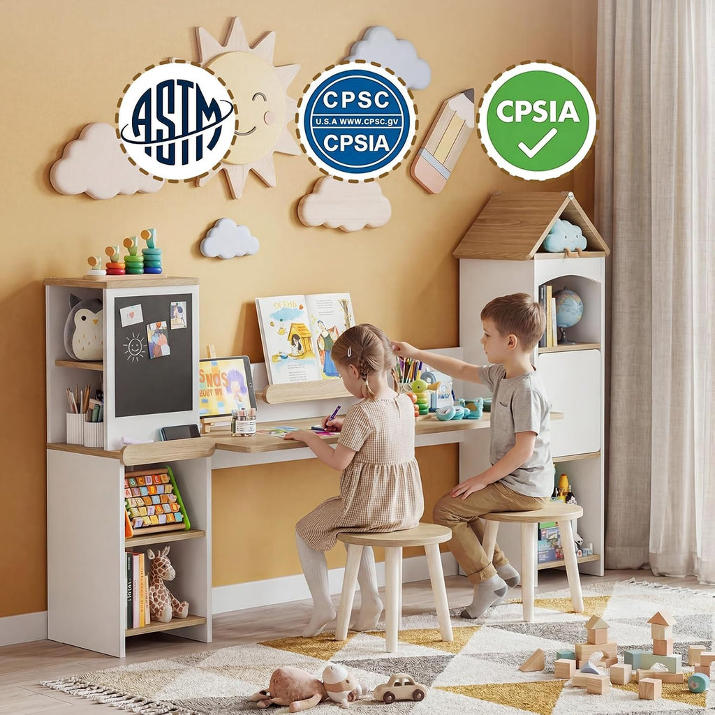 Kids Desk with Blackboard & 2 Stools