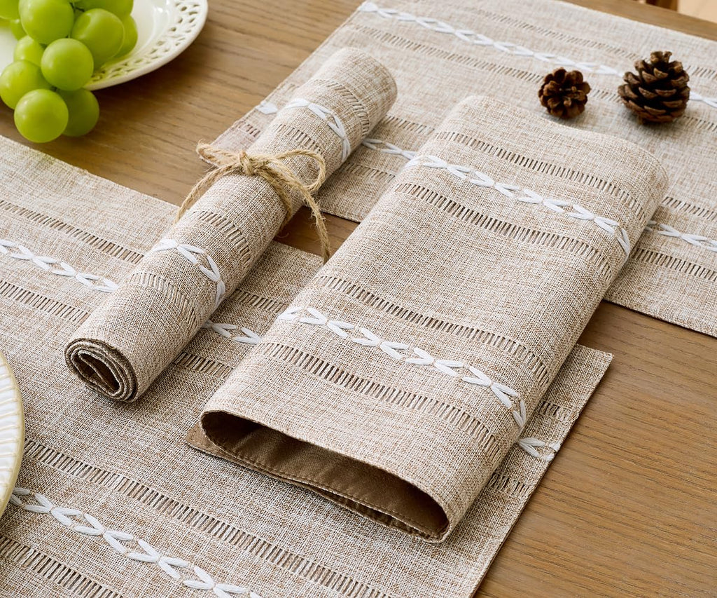 Linen Place Mats, Brown Embroidered Placemats Set of 4