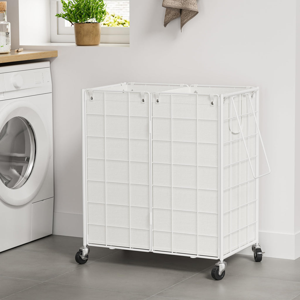 Double Laundry Hamper with Wheels, Metal Rolling Laundry Basket