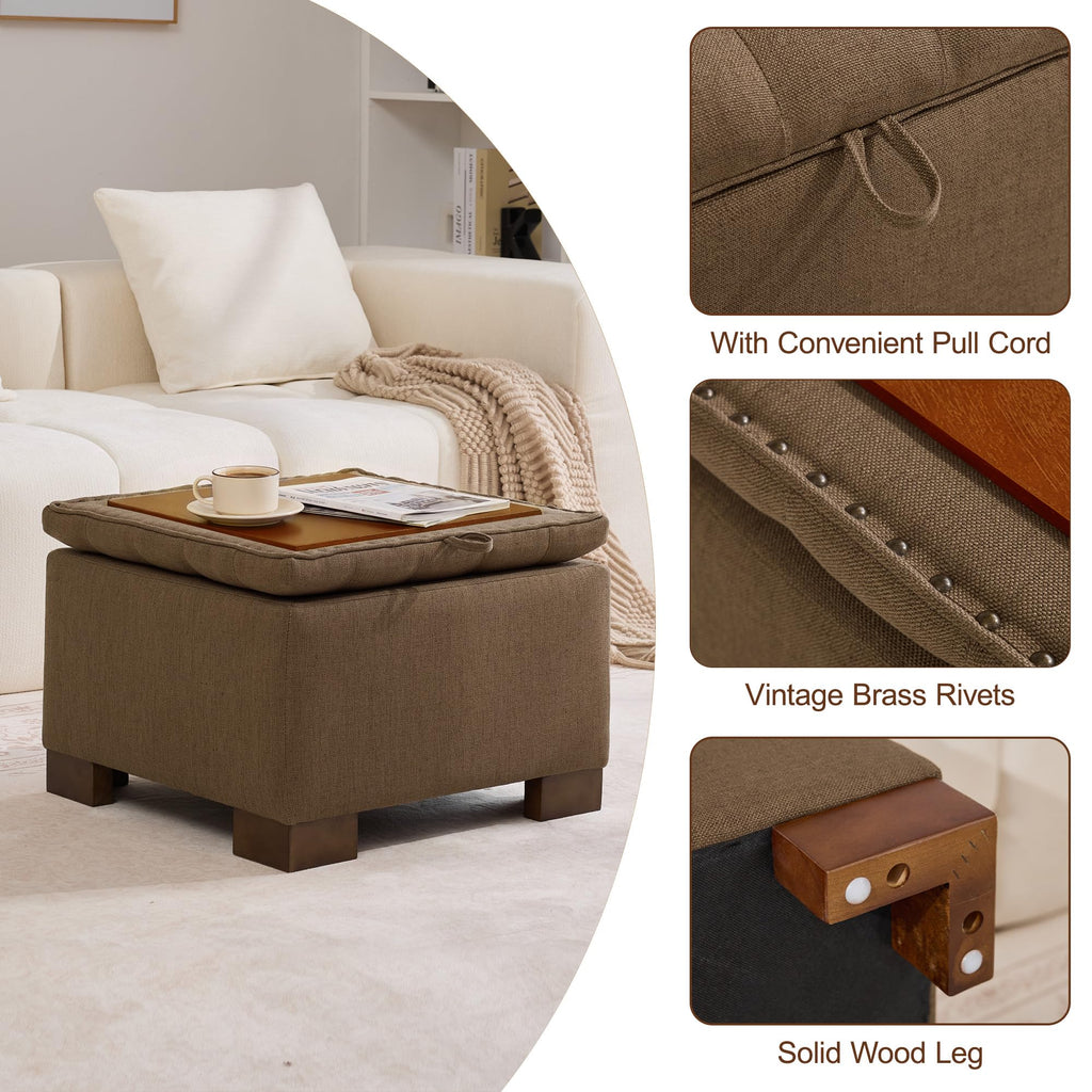 24" Fabric Square Storage Ottoman with Wooden Tray, Modern Tufted Button Footstool Coffee Table, Upholstered Small