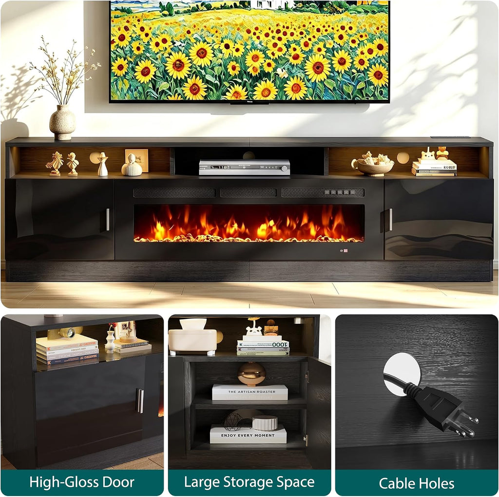 80" Fireplace TV Stand with Power Outlet for TVs UP to 90", Electric Fireplace Entertainment Center with LED Lights &