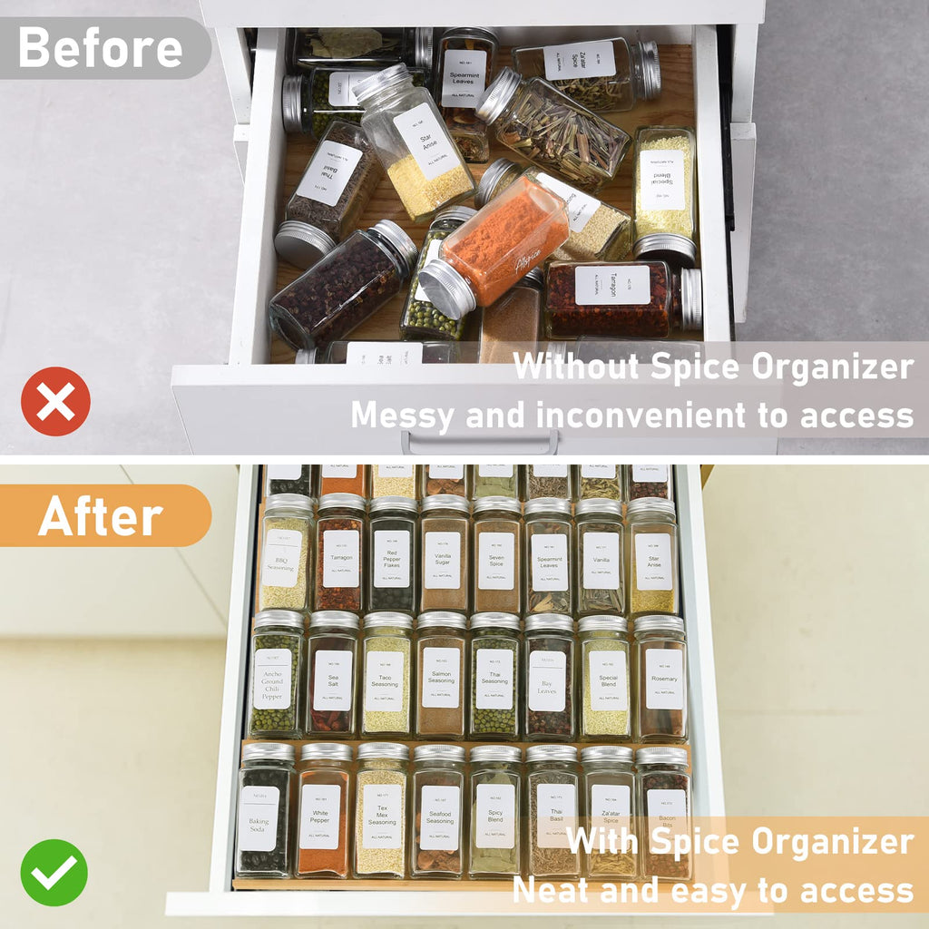 Spice Drawer Organizer with 28 Spice Jars and 216 Labels,Non-slip Rubber, Bamboo 4 Tier Spice Racks Tray Seasoning
