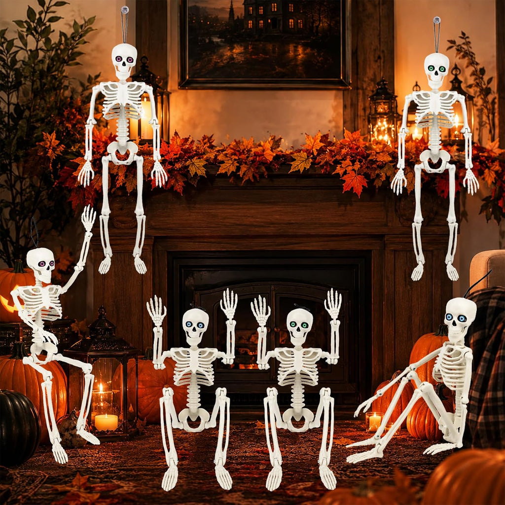 Halloween Skeleton Decor 16" with Eyes & Box (White) - Set of 6