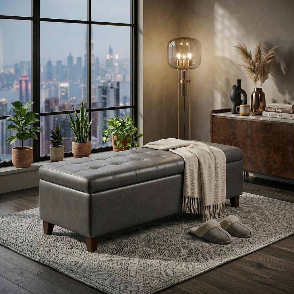 Ottoman with Storage 51" Faux Leather Storage Ottoman Bench | Upholstered Ottomans with Hinged Lid, Rectangle Long