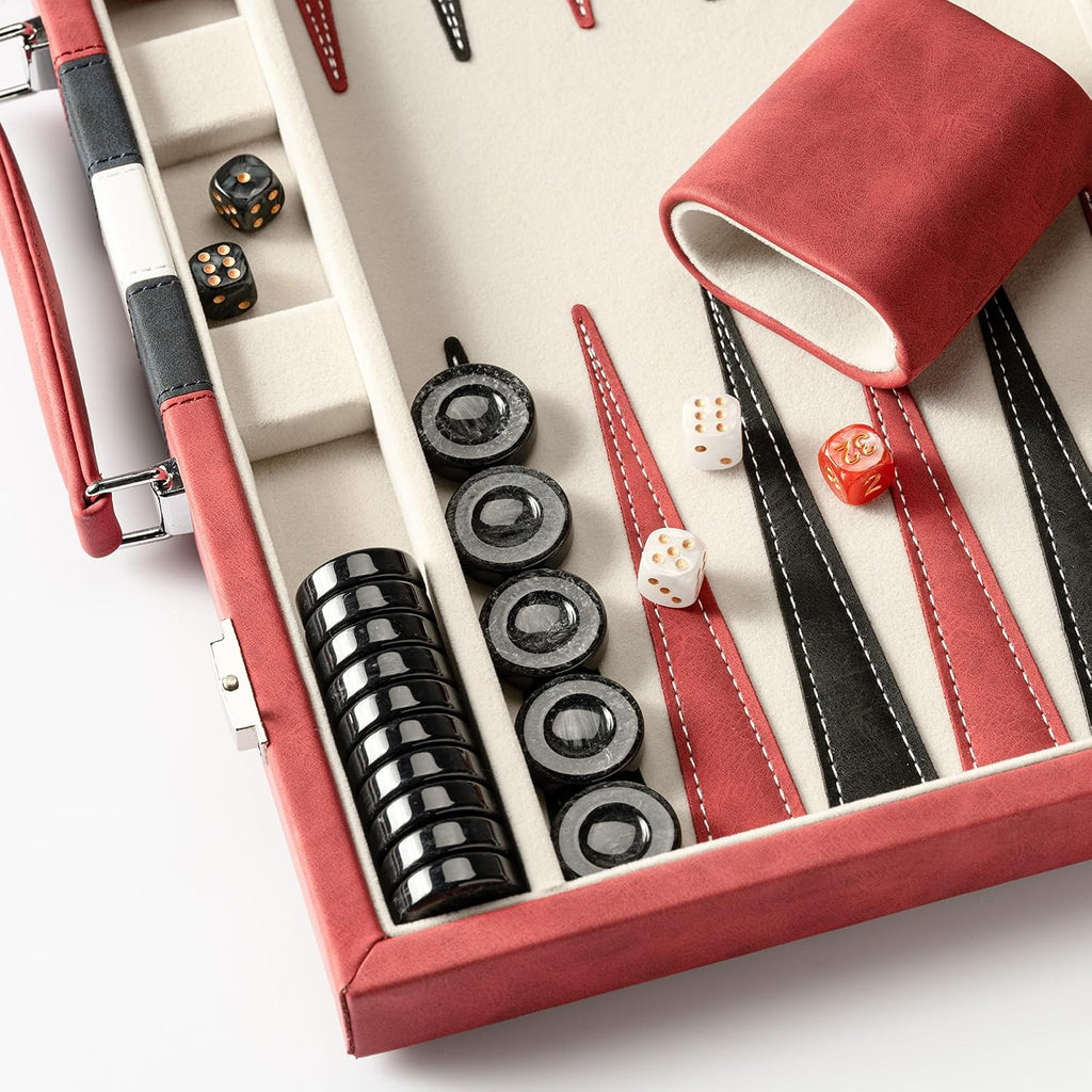 15inch Backgammon Sets for Adults, Classic Backgammon Board with Unique Checkers Dice, Faux Leather Exterior