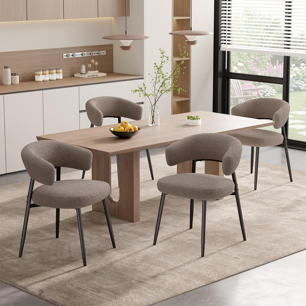 Dining Chairs Set of 4, Mid Century Modern Kitchen Chairs, Boucle Upholstered Dining Chair with Curved Backrest &