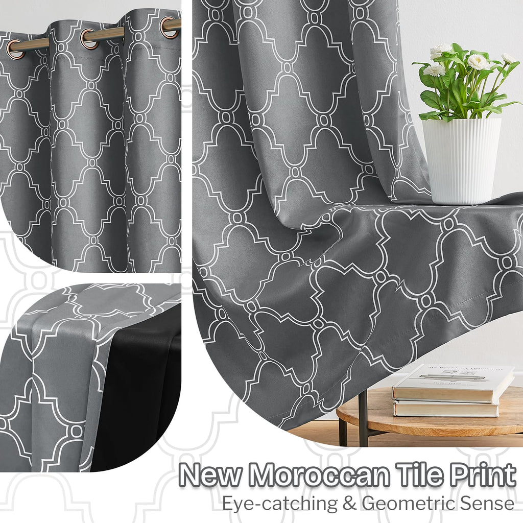 Moroccan Print Full Blackout Curtains 84 Inches Long Living Room, Thermal Insulated Noise Reducing Privacy Grommet