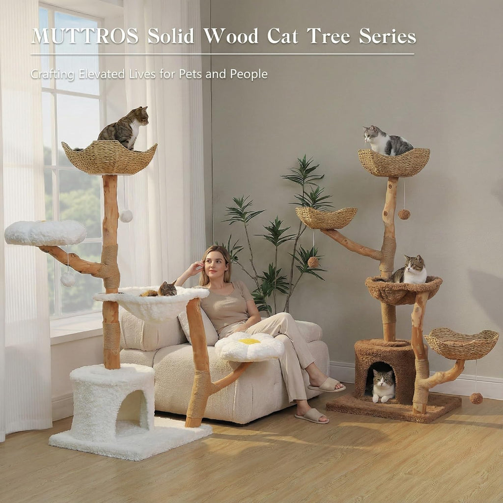 59" Modern Wood Cat Tree for Large Cats, Boho Style, Cloud White