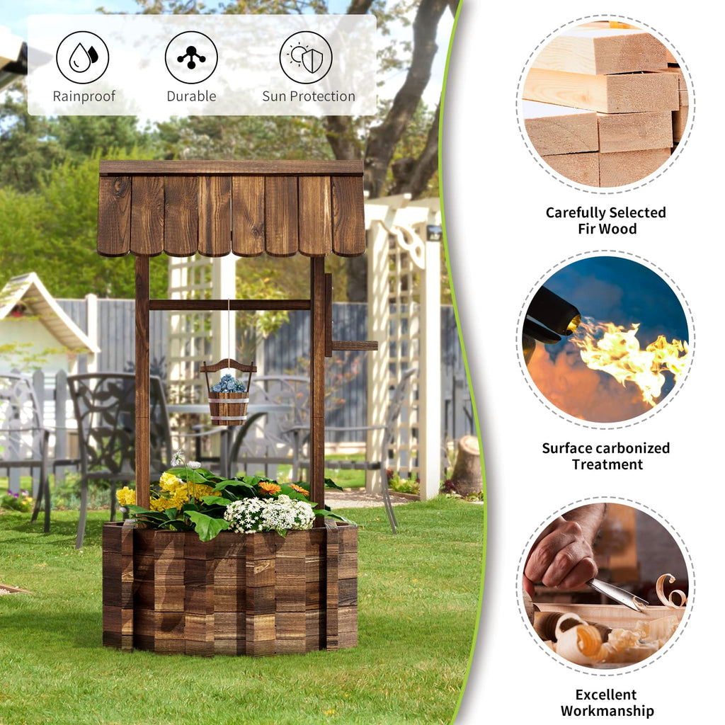 25" Outdoor Wooden Wishing Well Planters with Hanging Bucket