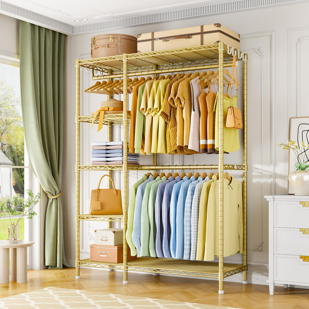 F2 Clothes Rack, 5 Tiers Heavy Duty Garment Rack, Load 692lbs, Gold