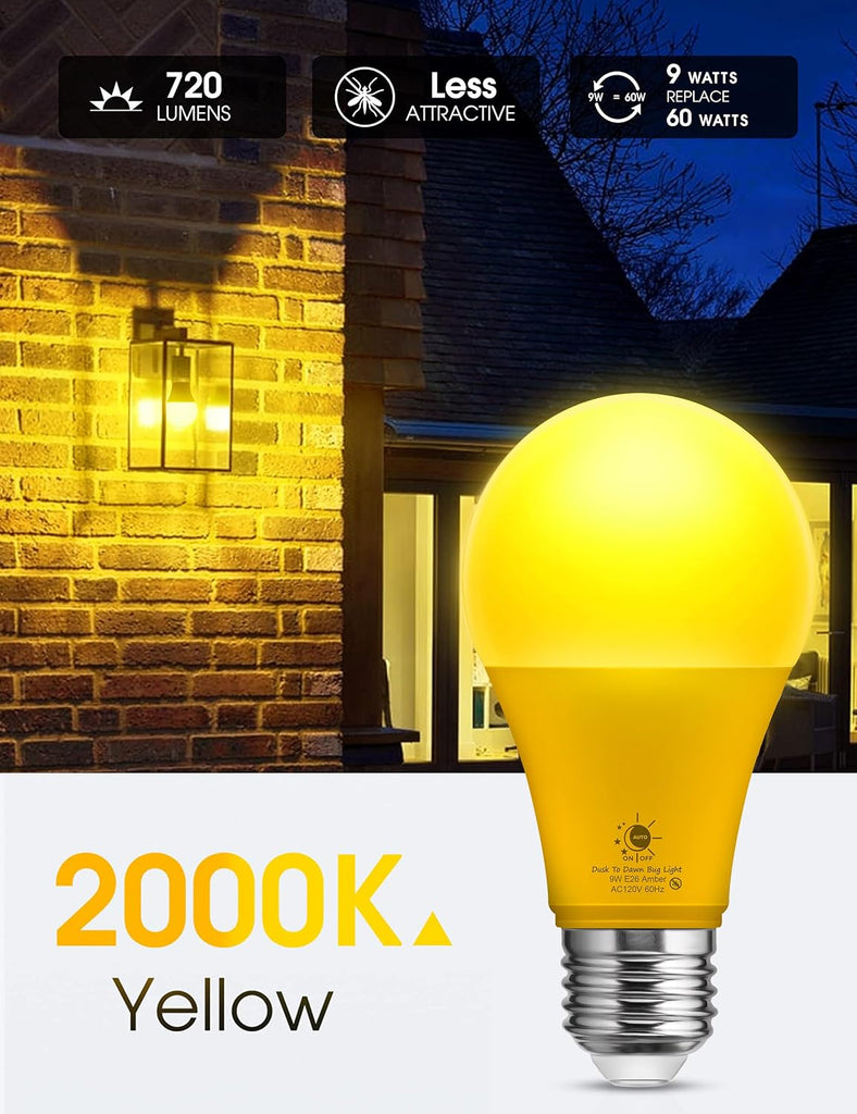 Yellow Bug Light Bulbs Outdoor, A19 Dusk to Dawn LED Bug Light Bulbs, 2000K Amber Glow, Photocell Sensor LED, Auto