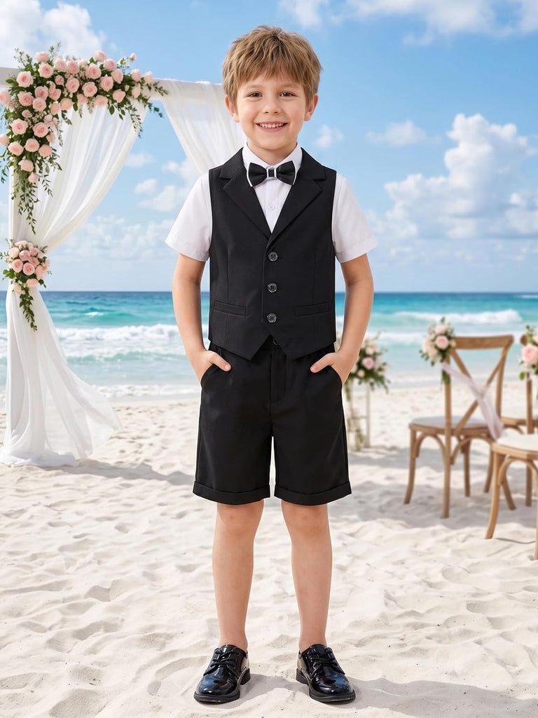 4Pcs Boys Suit, Kids Summer Dress Outfits Shirt Vest Shorts Bow Tie
