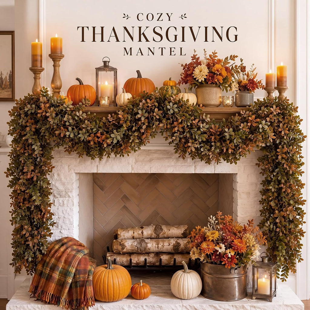 6 ft Fall Garland Artificial Boxwood Leaves Fall Garland for Mantle