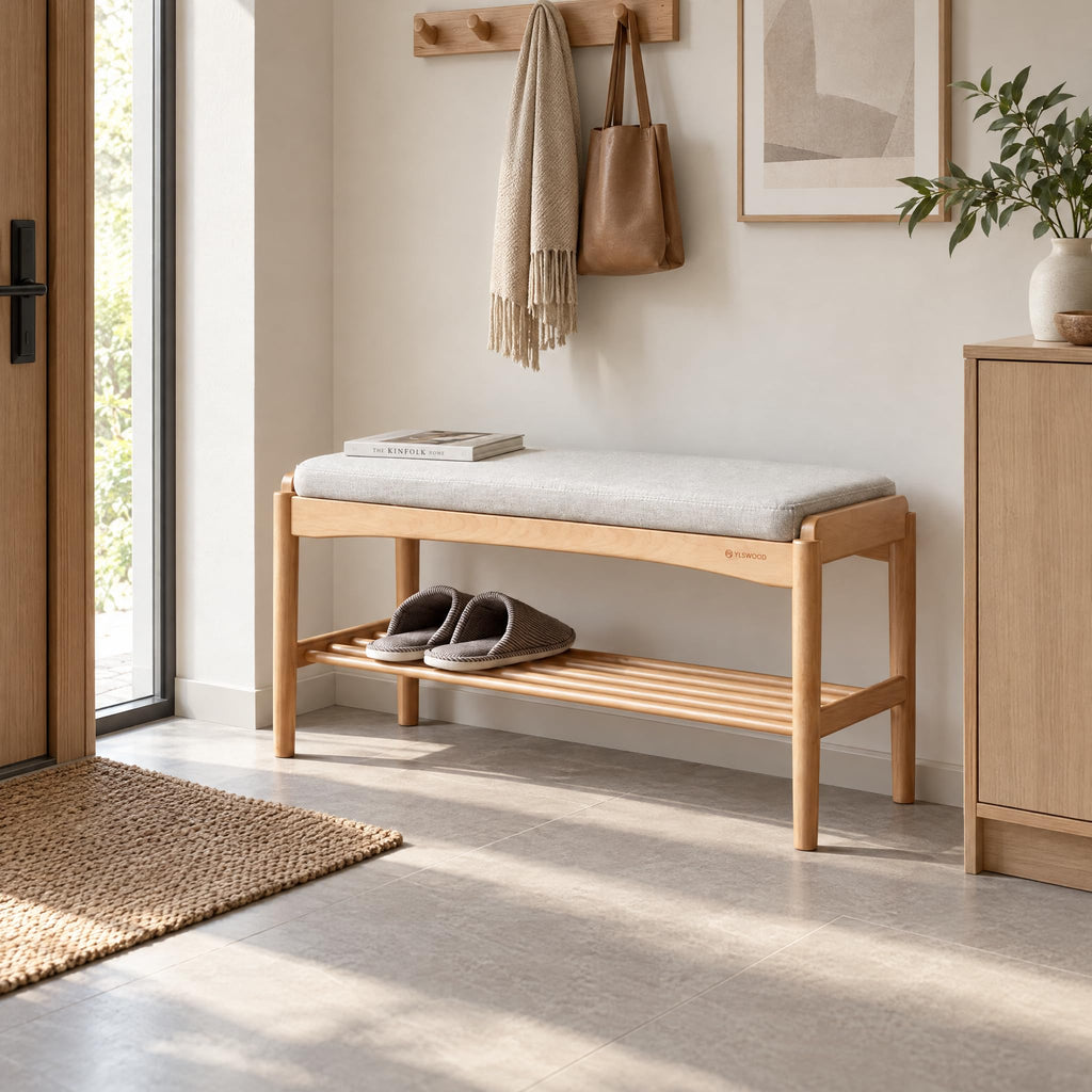 Solid Wood Shoe Bench, 32 Inch Entryway Bench with Light Gray Cushion