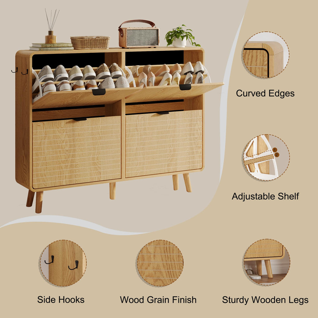Fluted Shoe Storage Cabinet with 4 Flip Drawers, Oak