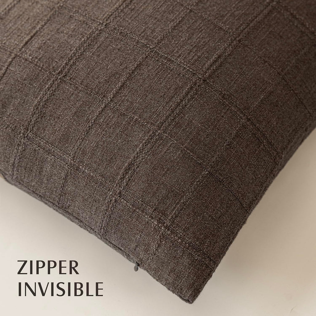 Boho Linen Check Decorative Throw Pillow Covers 26×26 Dark Brown