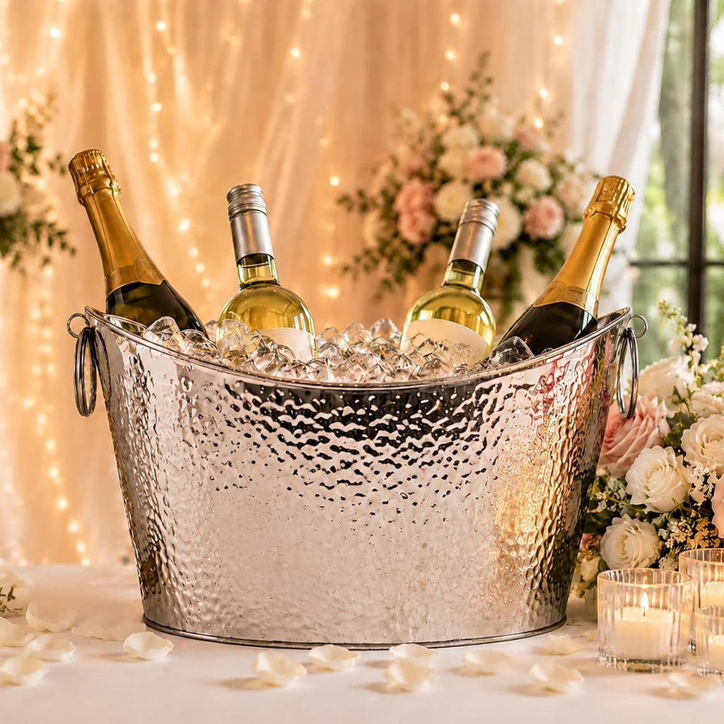 3 Gallon/12L Stainless Steel Beverage Tub, Large Galvanized Ice Bucket with Handles, Hammered Metal Drink Bucket