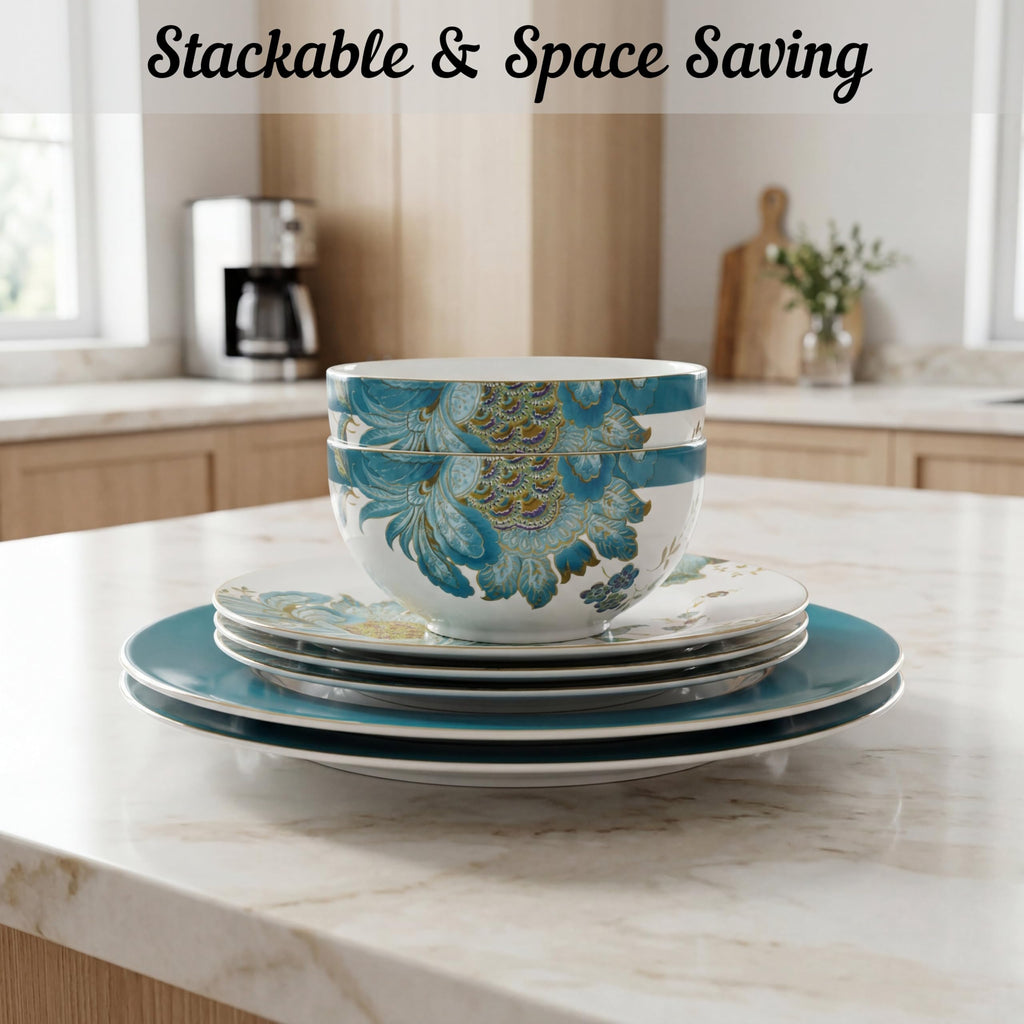 16-Piece Porcelain Dinnerware Set for 4, Elegant Floral Plates and Bowls Sets-White, Teal, Gold Ceramic Dishes, Chip