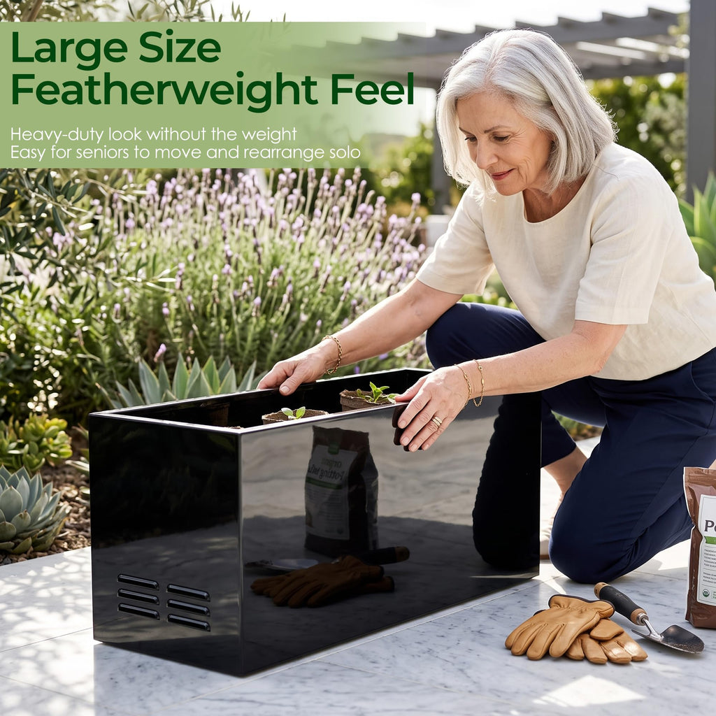 Metal Planter Box - 30" L x 11" W x 13" H Glossy Black Heavy Duty Large Rectangular Steel Modern Plant Pot, Indoor