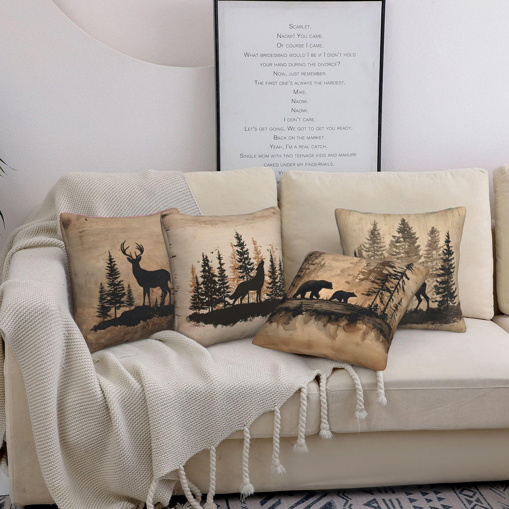 Cabin Rustic Decorative Throw Pillow Covers 20x20 Set of 4, Bear Wolf Nature Decor Pillow Cases for Log Couch Sofa