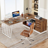 71-Inch Executive Desk, L-Shaped Desk with Cabinet, Large Office Desk with Drawers and Storage Shelves