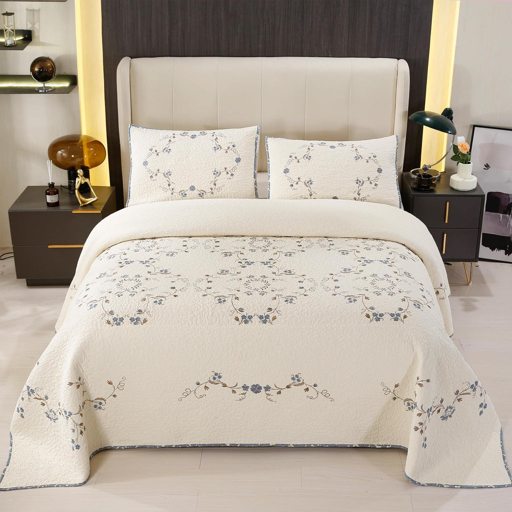 Quilt Set Blue Floral 3D Embroidery Pattern 3 PCS 100% Cotton Reversible Quilted Embroidered Decorative Bedspreads