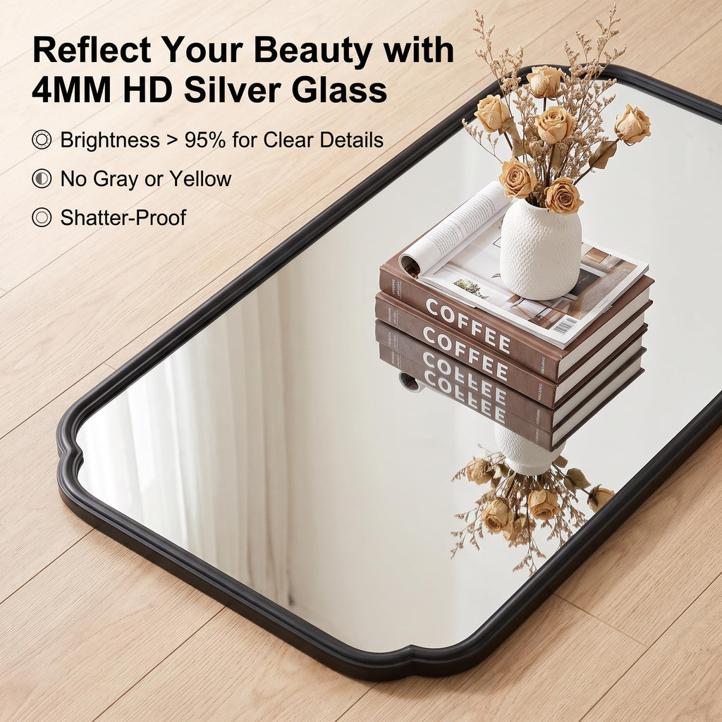 36x60 Matte Black Scalloped Bathroom Mirror Rounded Rectangle Frame,Full Length Mirror Size, Ideal for Large