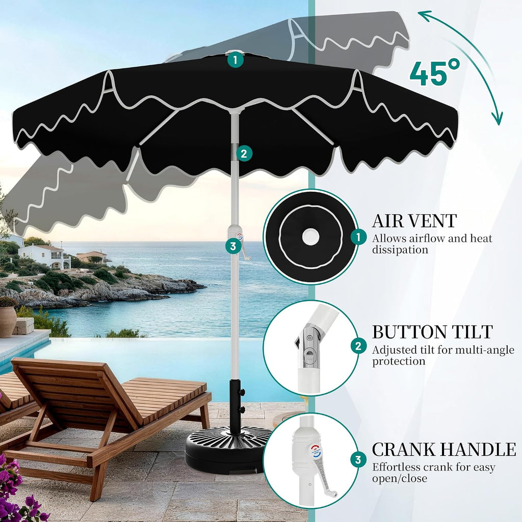 Patio Umbrella with Wavy Trim, UV-Fade-Resistant Canopy, Crank & Tilt - Black 9ft