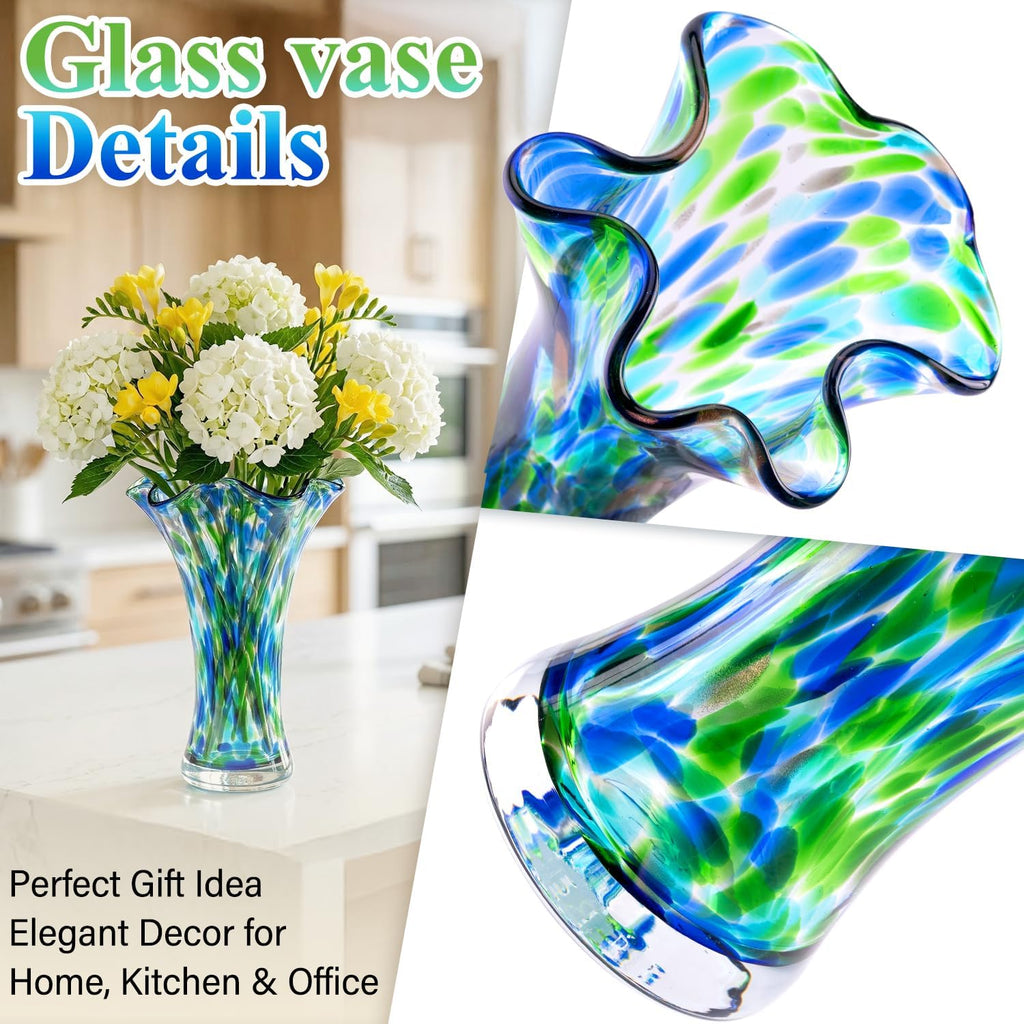 Hand Blown Glass Vase for Flowers, 9" Unique Murano Style Art Glass Vase, Wide Mouth Teal Turquoise Swirl Decorative