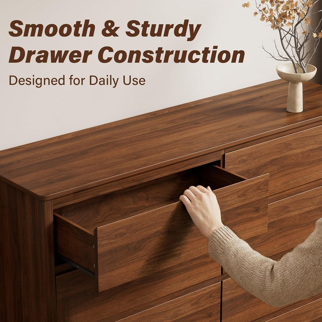 55" Mid-Century Modern Dresser , 8 Drawer Wide Chest of Drawers with Wood Legs, Large Storage Bedroom Dresser, Walnut