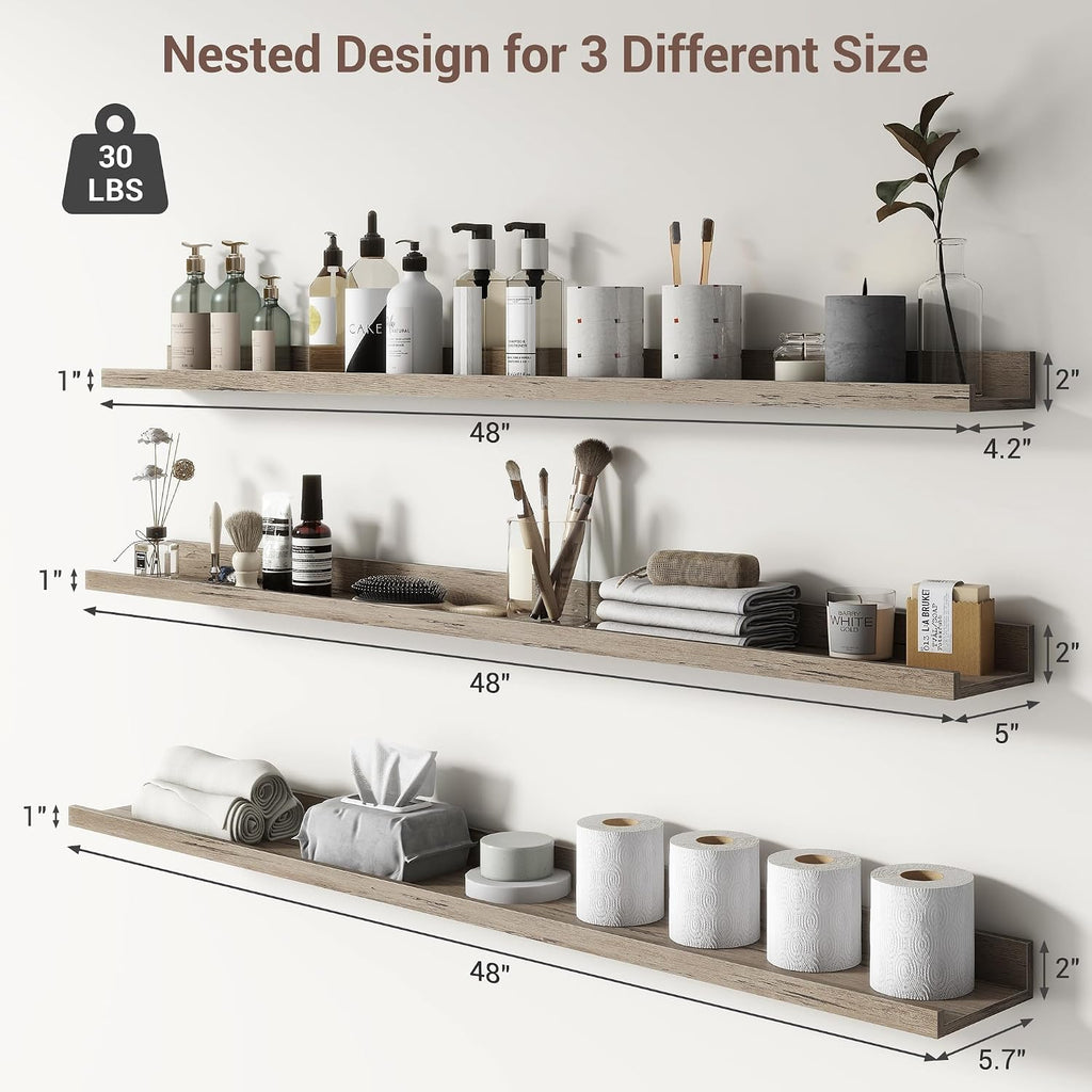 Picture Ledge Shelf, 48 Inch Grey Floating Shelves Set of 3 | Wall Shelves with Lip, Rustic Grey Wood Picture Shelf