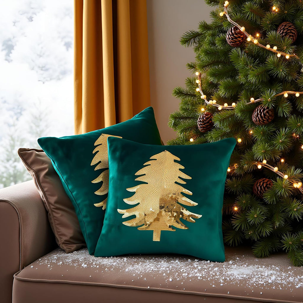 Christmas Pillowcases 18 x 18 inch Dark Green Xmas Tree Sequins Throw Pillow Cover Christmas Pillow case - Set of 2