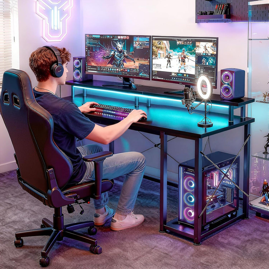 55 Inch Gaming Desk with LED Lights & Storage Shelves, Black | Customizable LED lighting • Raised monitor stand •