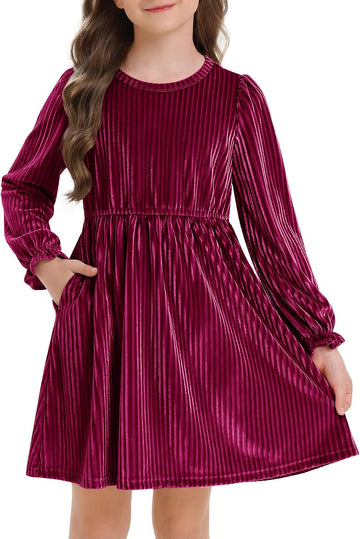 Girls Long Sleeve Velvet Dress with Pockets