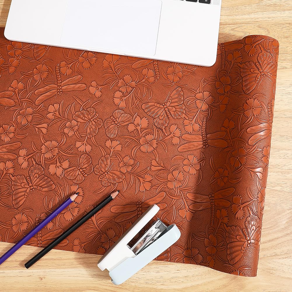 Vintage Floral Pattern Embossed PU Leather Sheet 54×11.9 Inch Textured Solid Color Butterflies Fabric Sheets for DIY