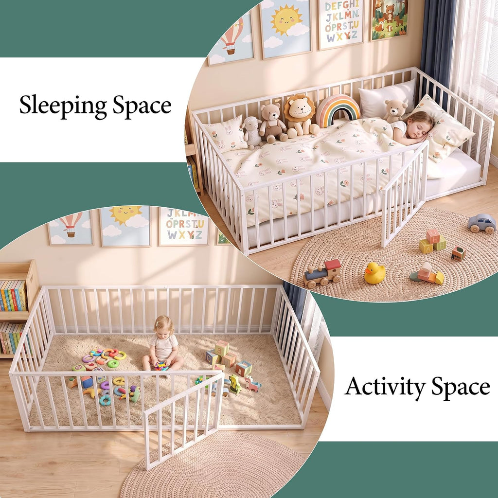 Toddler Floor Bed, Metal Montessori Bed for Kids, White