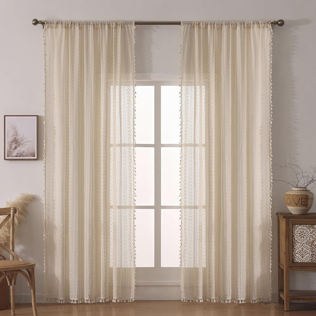 Boho Crochet Curtains for Living Room Lace Curtains 84 Inches Long 2 Panel, Rod Pocket Vintage Tassel Bohemian Decor