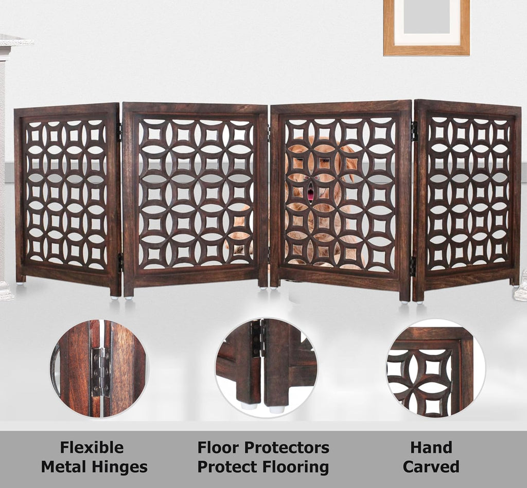 Wooden Foldable Pet Dog Gate - Hand Carved 4-Panel 80 W x 24 H