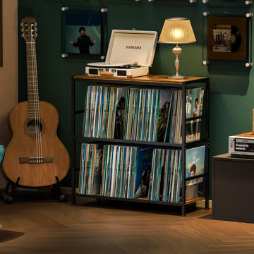 Record Player Stand with 4 Adjustable Dividers, Vinyl Record Storage Up to 300+ Albums, 3-Tier Vinyl Storage Holder