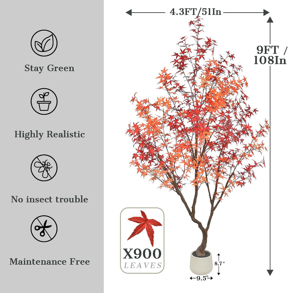 Maple Tree 9FT - Large Faux Plant Indoor with 900 Orange Red Leaves & Realistic Trunk, 108" Tall Fake Autumn Maple