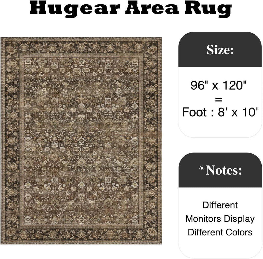 8x10 Brown Vintage Floral Washable Area Rug