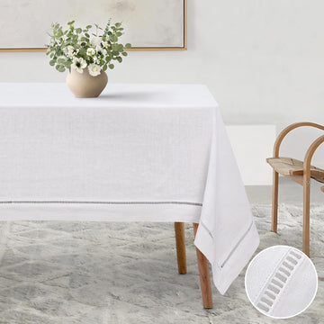 Linen World Hemstitch Linen Tablecloth,French Linen White Tablecloth 90" x 60" Inch,Washable Rectang