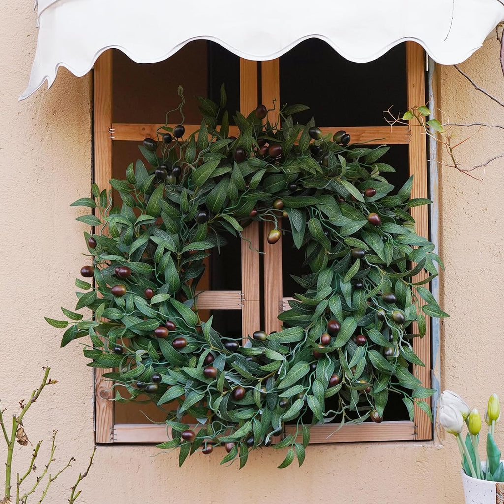 Olive Wreath 26 Inch Wreaths for Front Door with Purely Handmade Realistic Dense Olive Leaf Olive Berry, Elegant Home