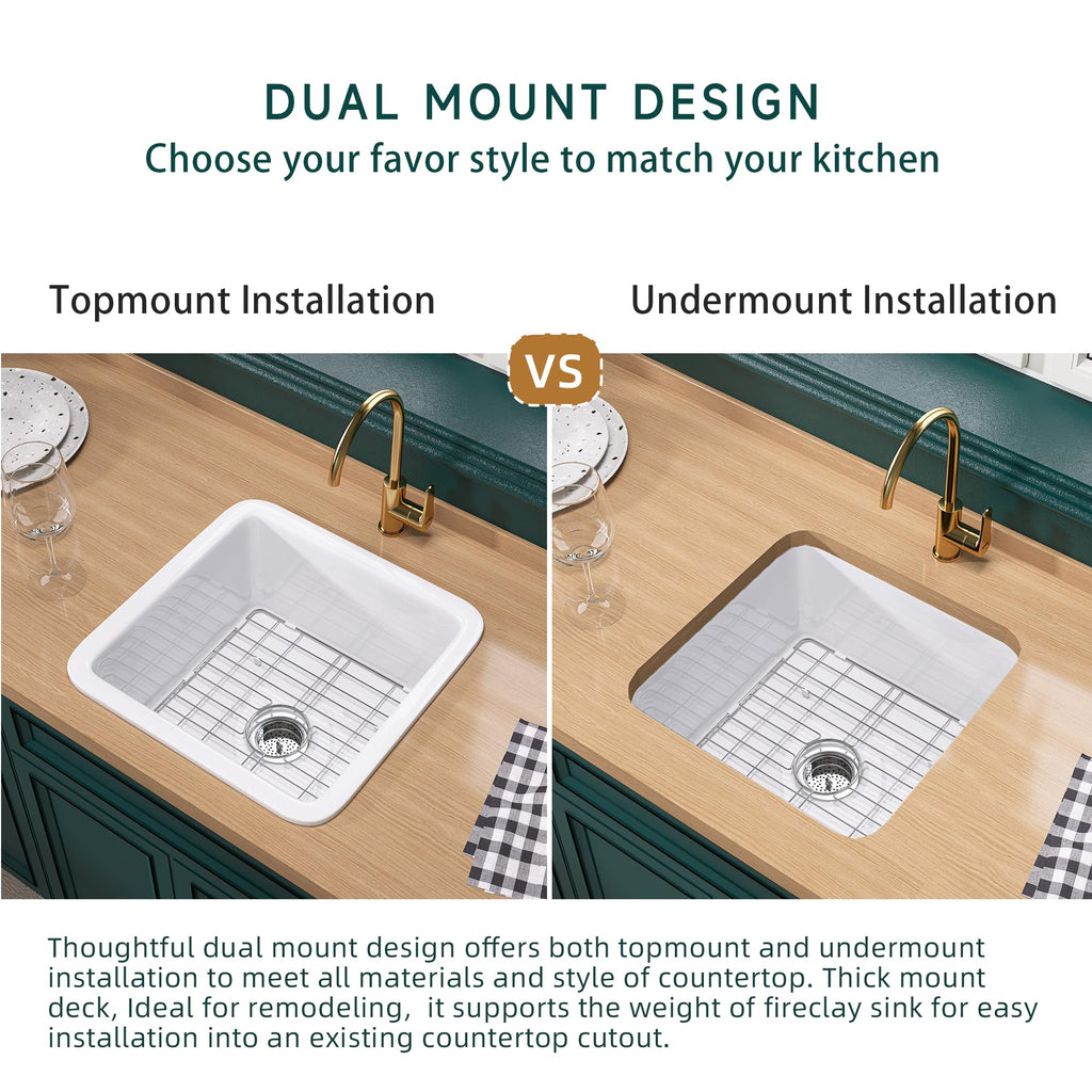18 x 18 Inch Undermount or Drop In Fireclay Bar Sink White