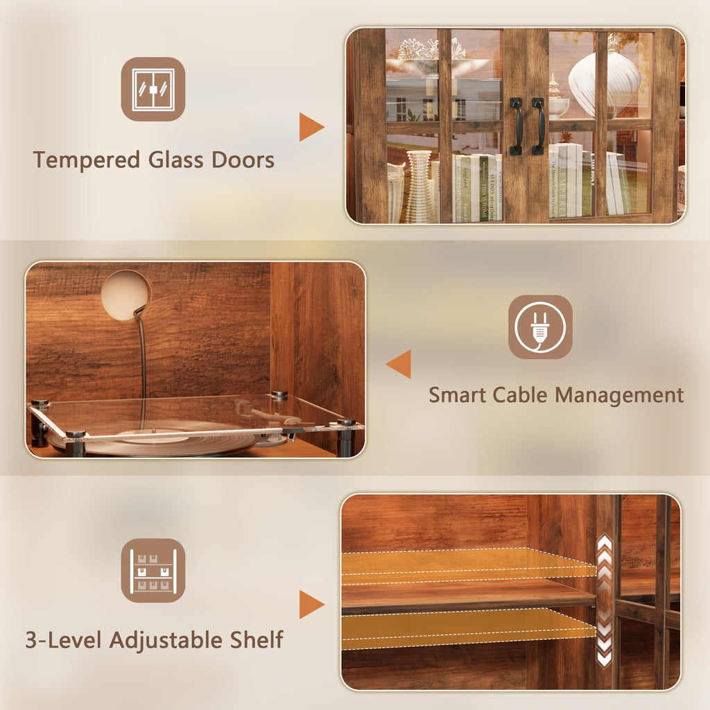 Farmhouse TV Stand with Glass Doors for 65 Inch TV(Rustic Brown)