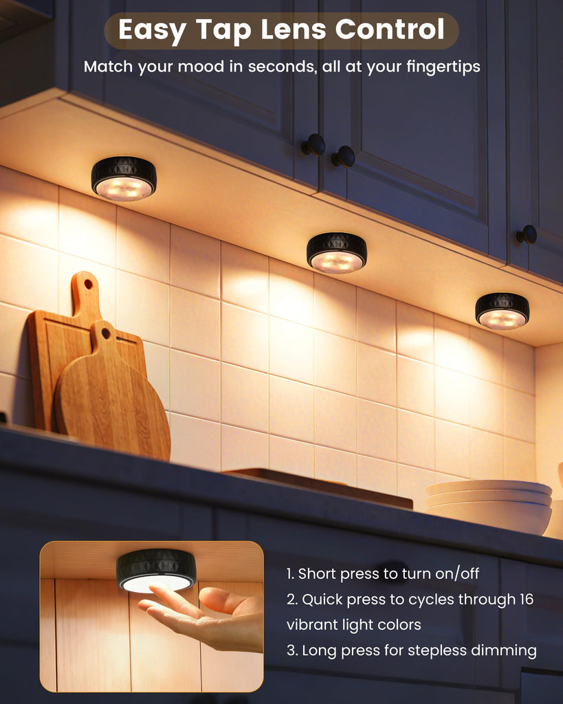 Puck Lights with Remote, 3 White Tones + 13 RGB Colors, 6 Pack-Black